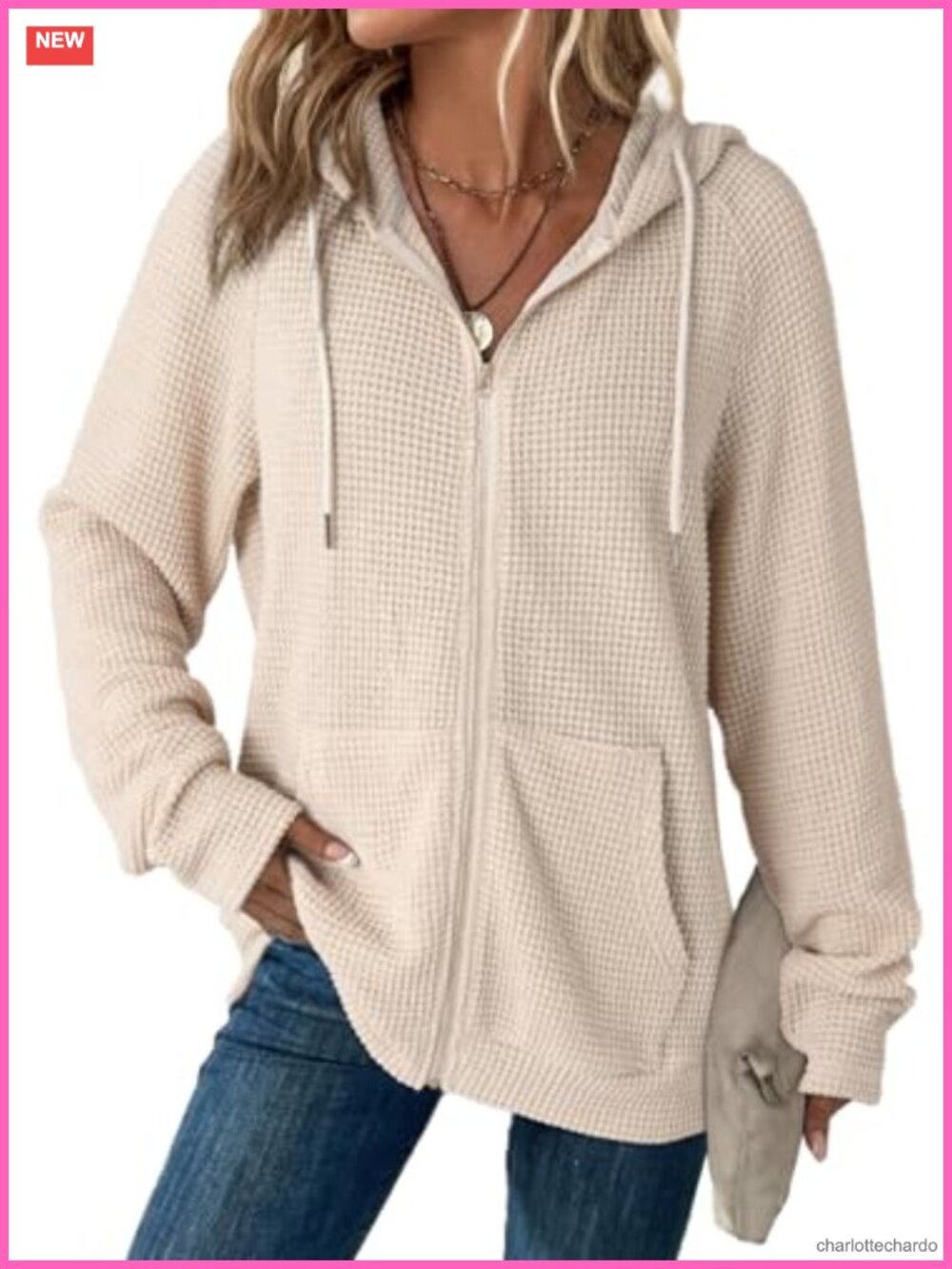 Waffle Knit Zip Up Hoodie Women's Long Sleeve Sweatshirt Relaxed Fit Drawstring